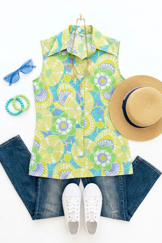 Vintage Mod Floral Print Blouse-ThisBlueBird