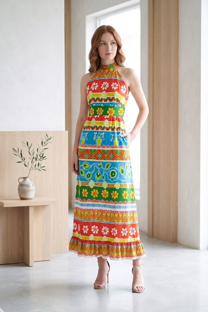 Vintage Mod Orange &amp; Blue Halter Dress-ThisBlueBird