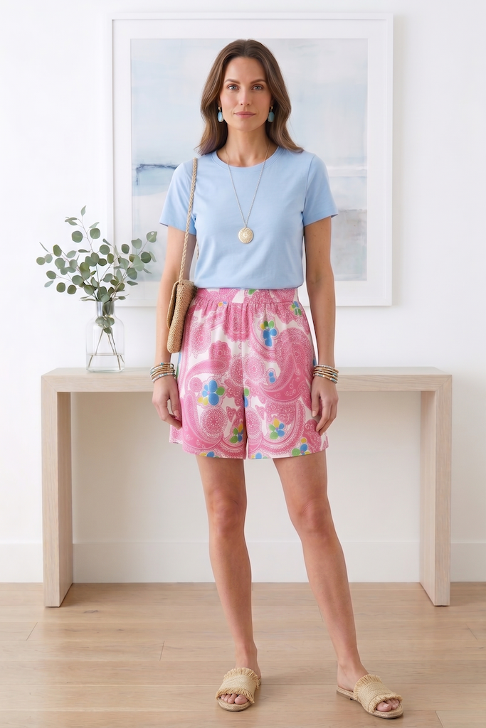 Vintage Mod Pink Paisley Print Shorts Culottes-ThisBlueBird