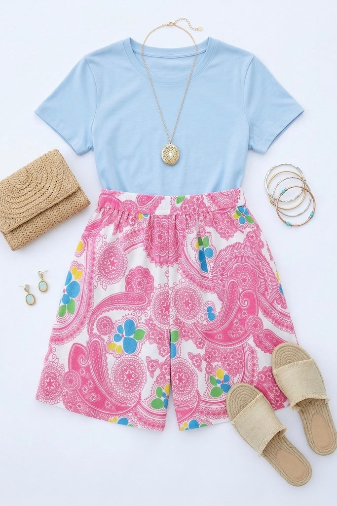 Vintage Mod Pink Paisley Print Shorts Culottes-ThisBlueBird