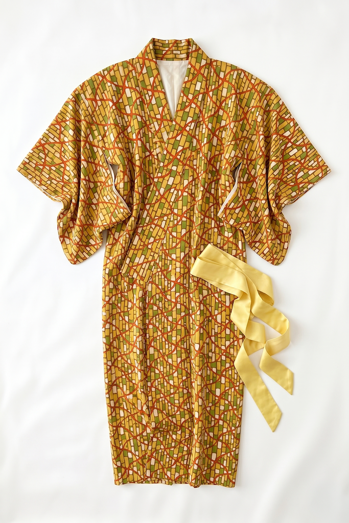Vintage Mod Yellow & Green Cotton Kimono Robe-ThisBlueBird