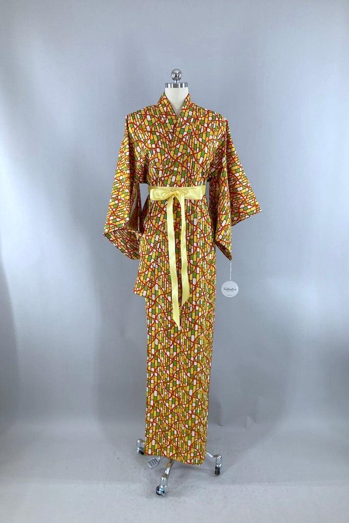 Vintage Mod Yellow &amp; Green Cotton Kimono-ThisBlueBird