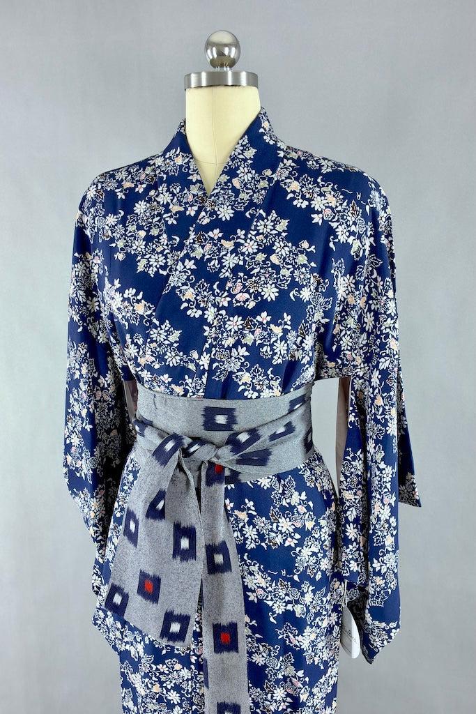 Vintage Navy Blue Floral Print Silk Kimono-ThisBlueBird