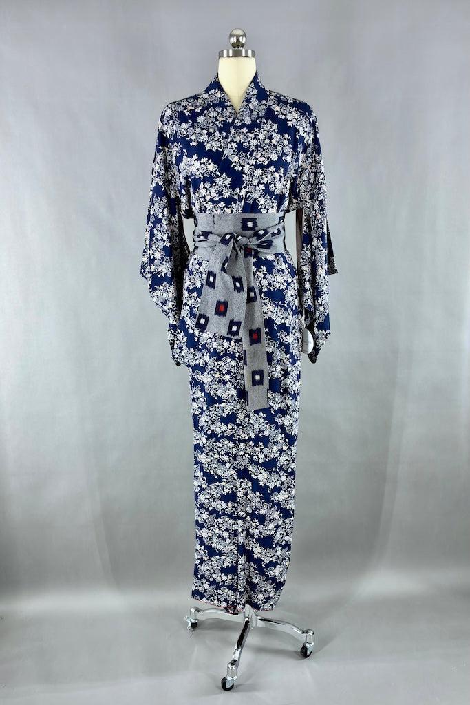 Vintage Navy Blue Floral Print Silk Kimono-ThisBlueBird