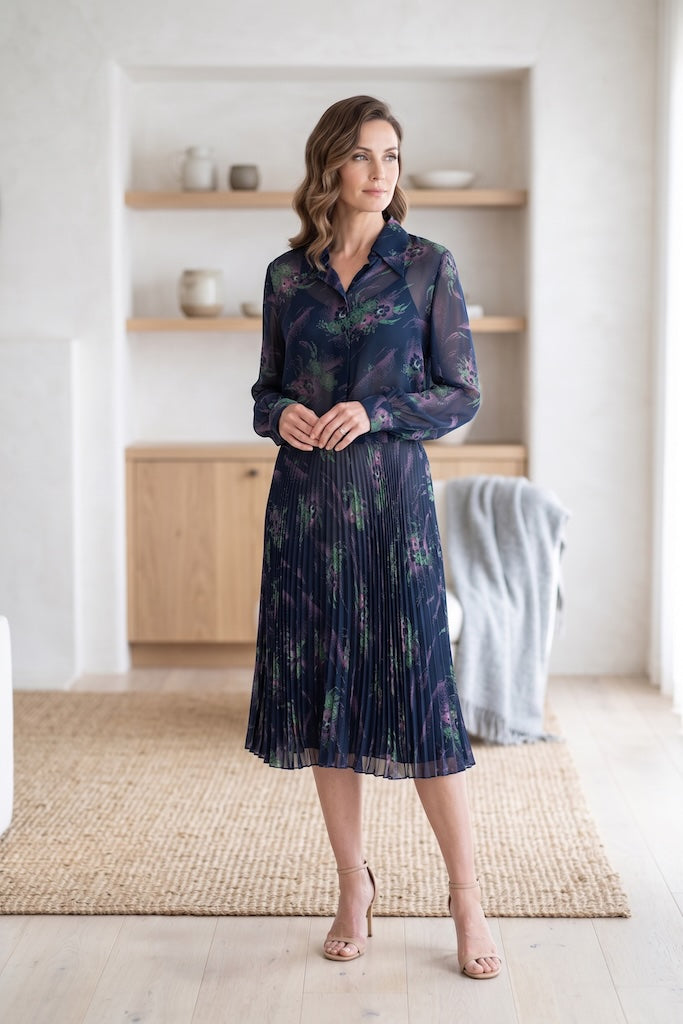 Vintage Navy Blue Georgette Novelty Print Dress-ThisBlueBird
