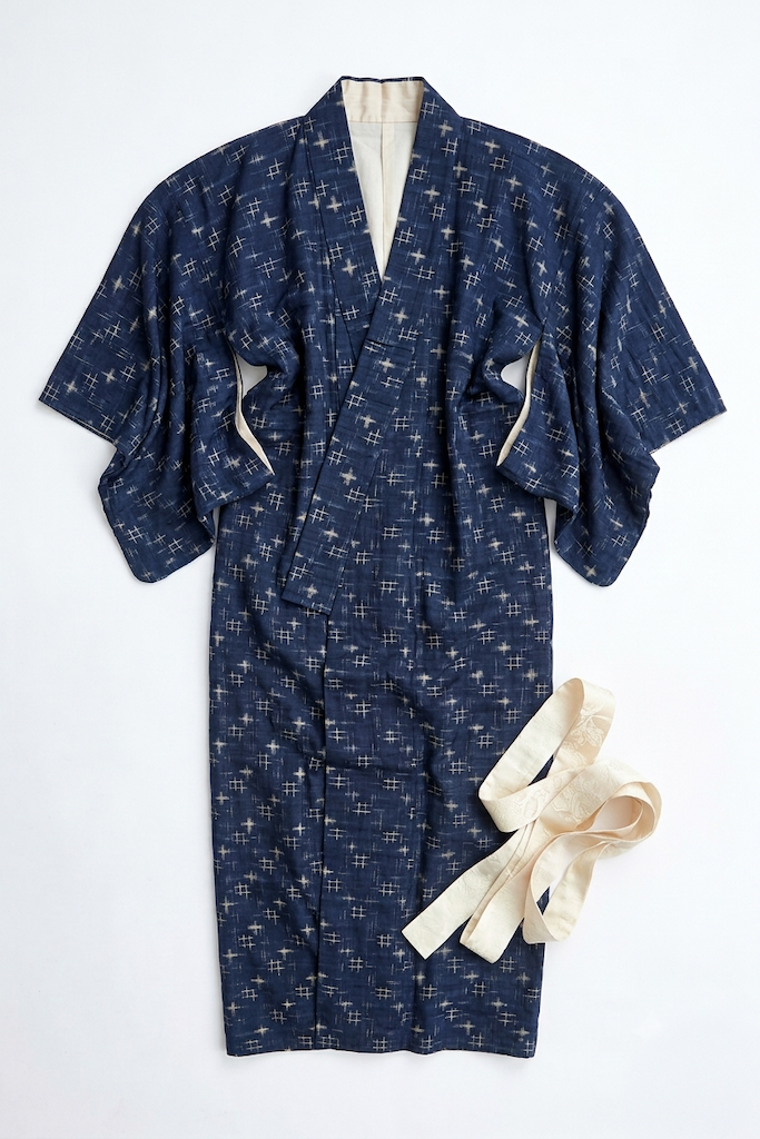Vintage Navy Blue Ikat Raw Silk Kimono Robe-ThisBlueBird