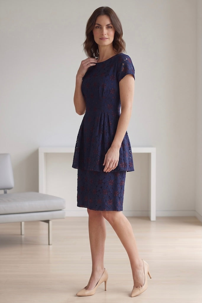 Vintage Navy Blue Lace Peplum Dress-ThisBlueBird