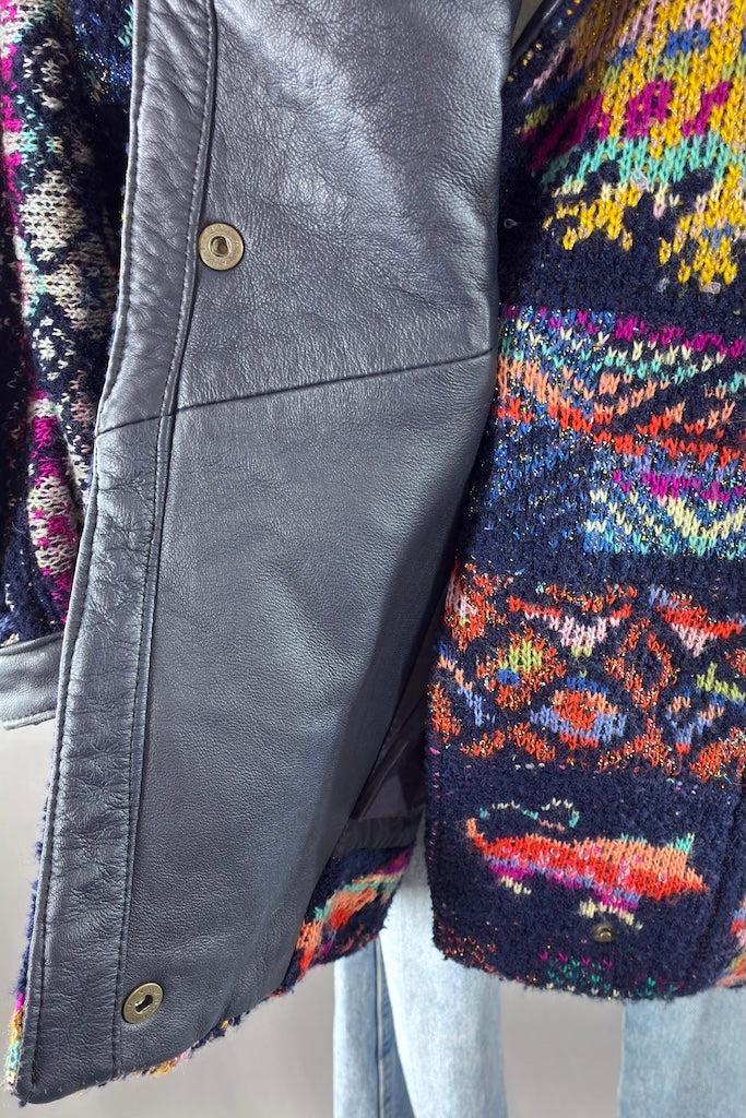 Vintage Navy Blue Woven Oversized Coat with Leather Trim-ThisBlueBird