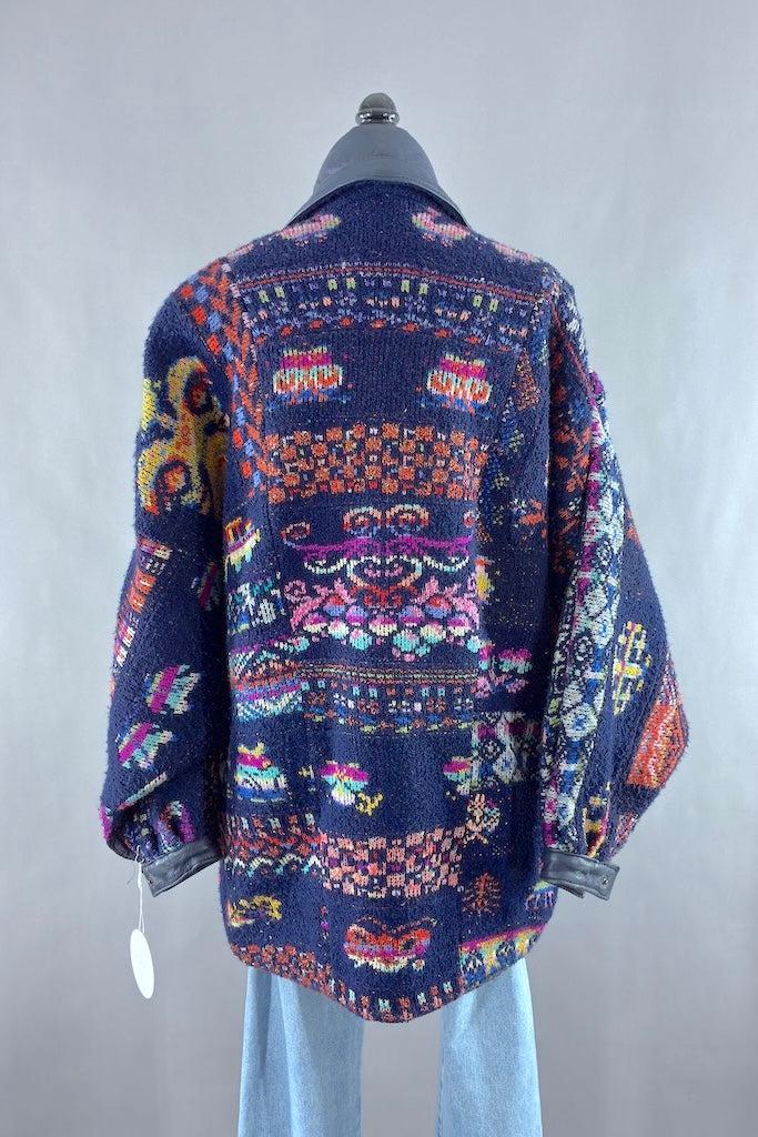 Vintage Navy Blue Woven Oversized Coat with Leather Trim-ThisBlueBird