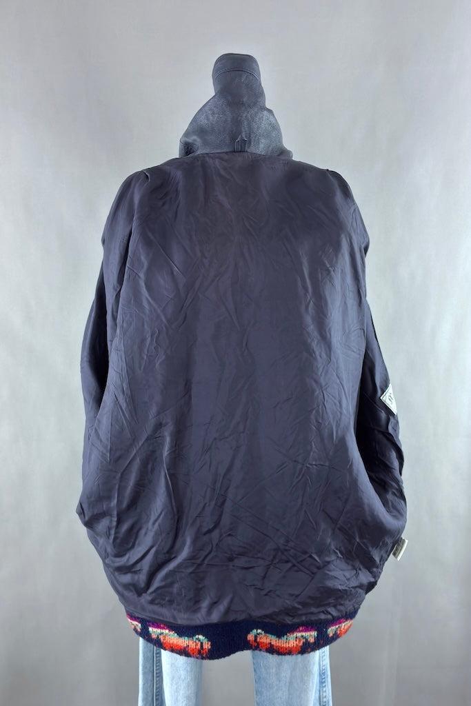 Vintage Navy Blue Woven Oversized Coat with Leather Trim-ThisBlueBird