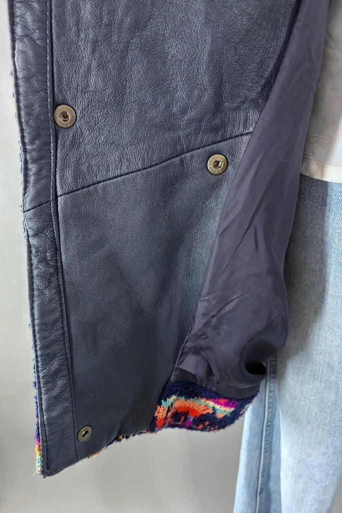 Vintage Navy Blue Woven Oversized Coat with Leather Trim-ThisBlueBird