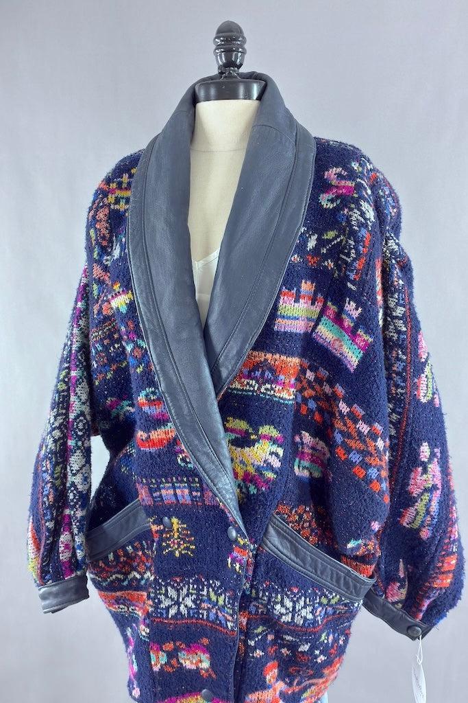 Vintage Navy Blue Woven Oversized Coat with Leather Trim-ThisBlueBird