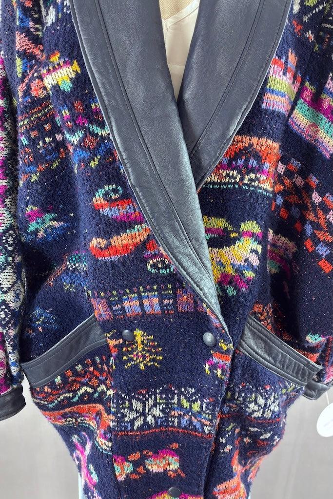Vintage Navy Blue Woven Oversized Coat with Leather Trim-ThisBlueBird