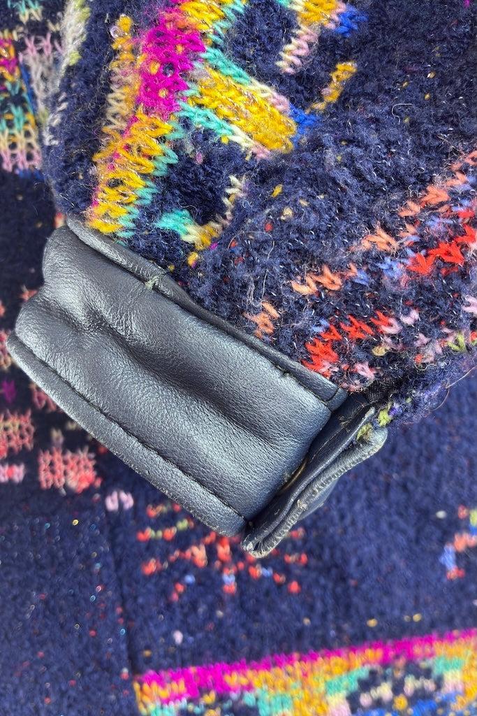 Vintage Navy Blue Woven Oversized Coat with Leather Trim-ThisBlueBird