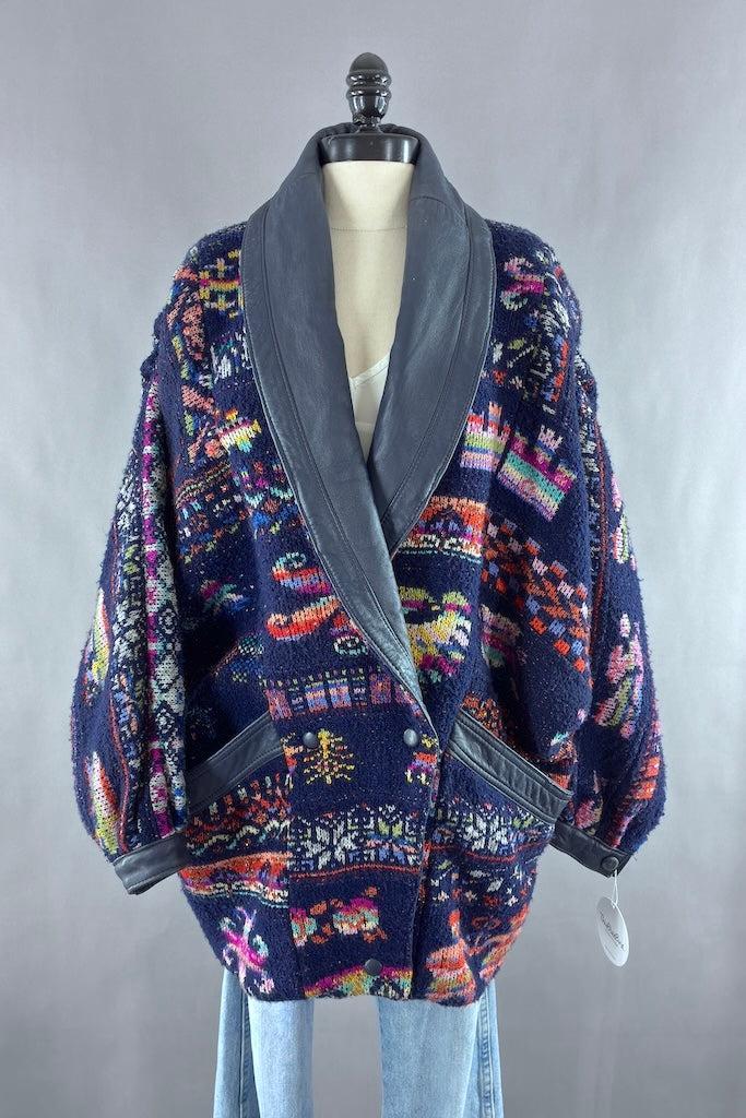 Vintage Navy Blue Woven Oversized Coat with Leather Trim-ThisBlueBird