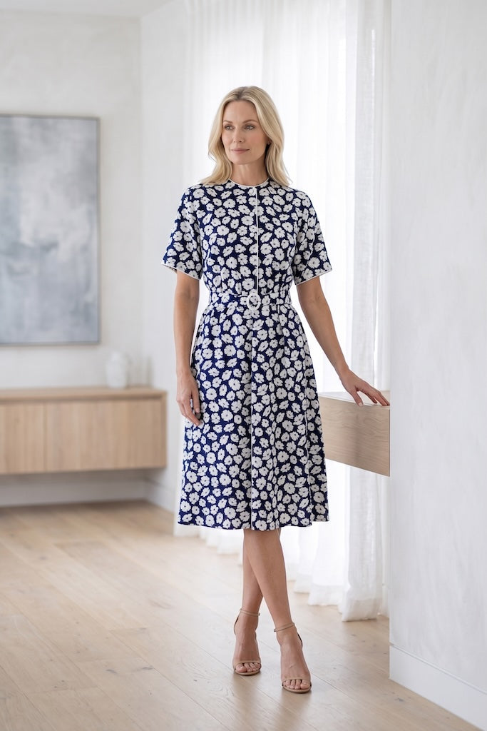 Vintage Navy Floral Print Day Dress-ThisBlueBird
