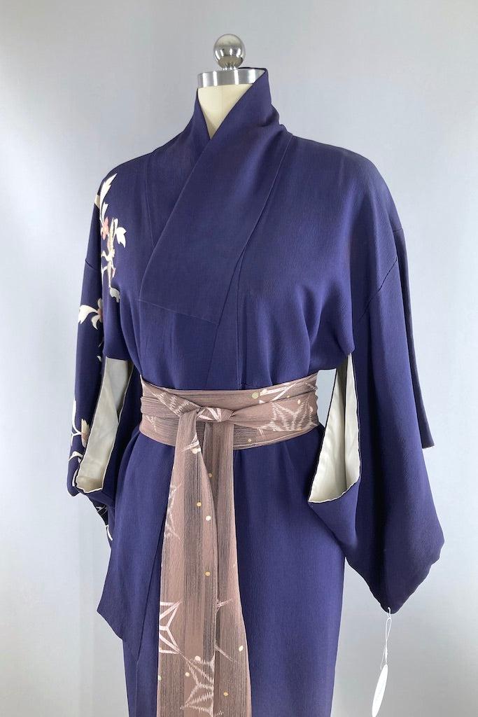 Vintage Navy Flying Cranes Silk Kimono-ThisBlueBird