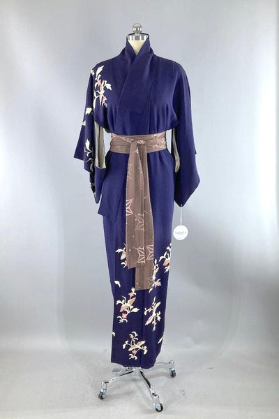 Vintage Navy Flying Cranes Silk Kimono-ThisBlueBird