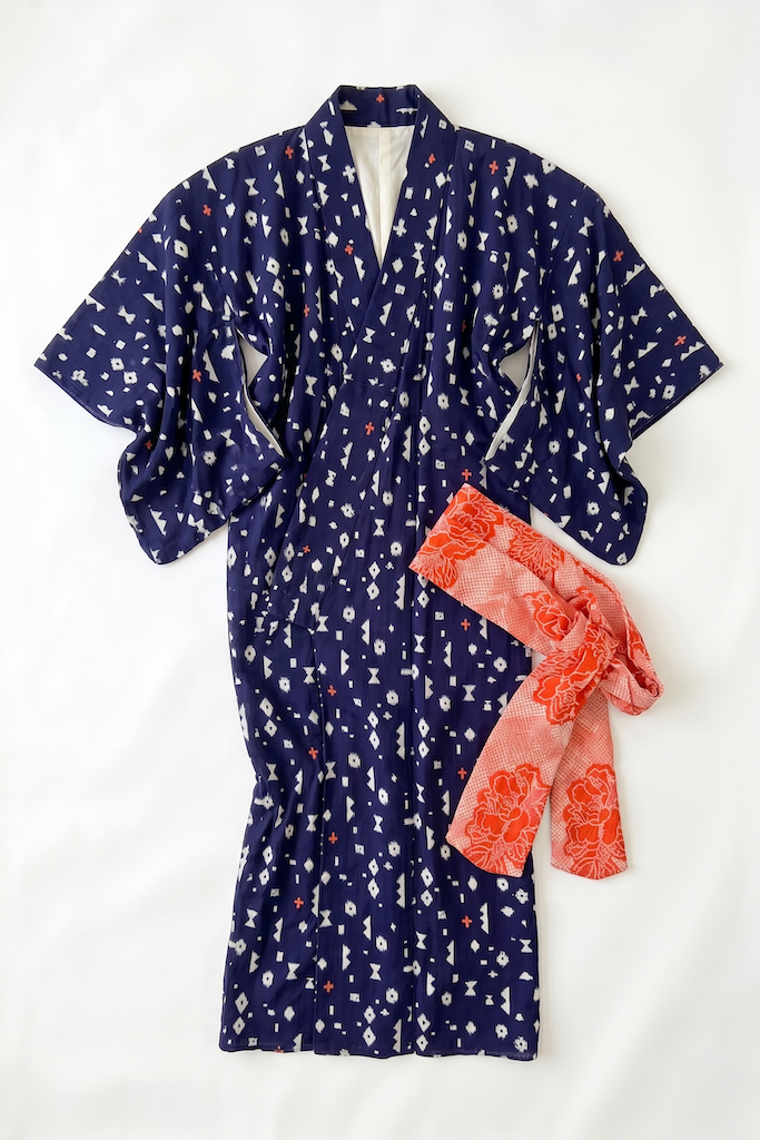 Vintage Navy Geometric Cotton Kimono Robe-ThisBlueBird