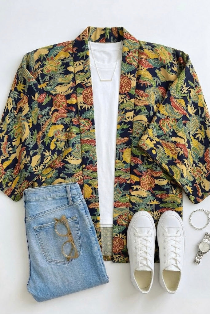 Vintage Navy Shibori Silk Kimono Cardigan-ThisBlueBird