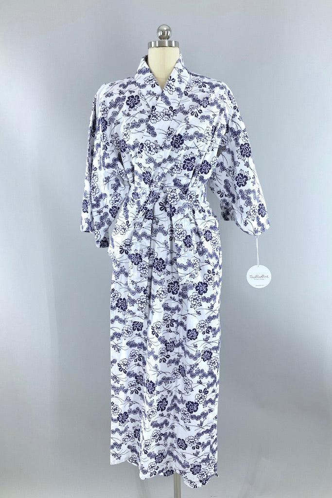 Vintage Navy &amp; White Cotton Kimono-ThisBlueBird