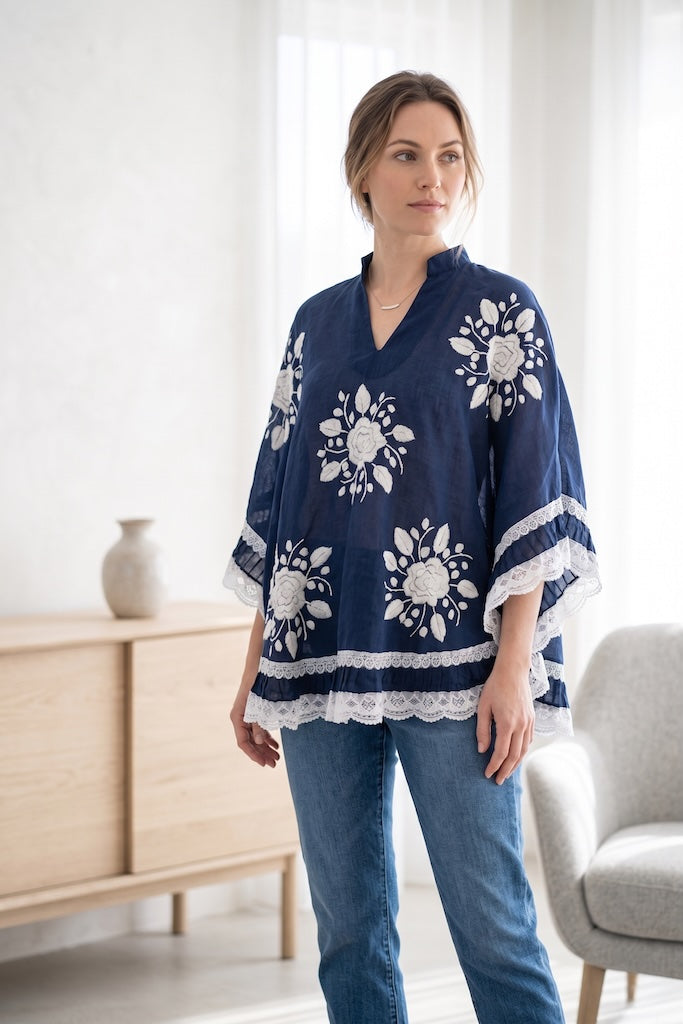 Vintage Navy & White Embroidered Tunic-ThisBlueBird