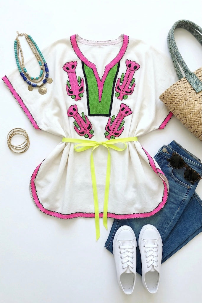 Vintage Neon Pink Embroidered Tunic-ThisBlueBird