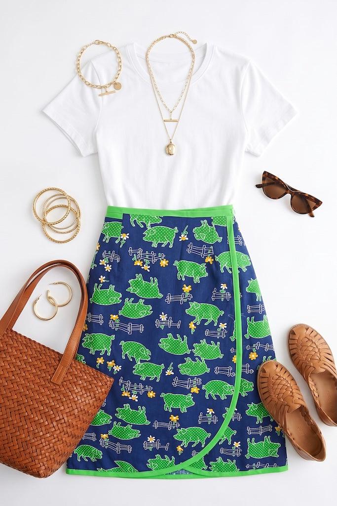 Vintage Novelty Print Pigs Wrap Skirt-ThisBlueBird