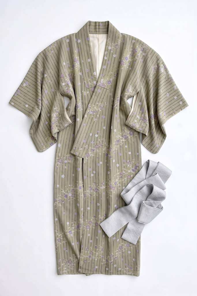 Vintage Olive Green Floral Stripe Kimono Robe-ThisBlueBird