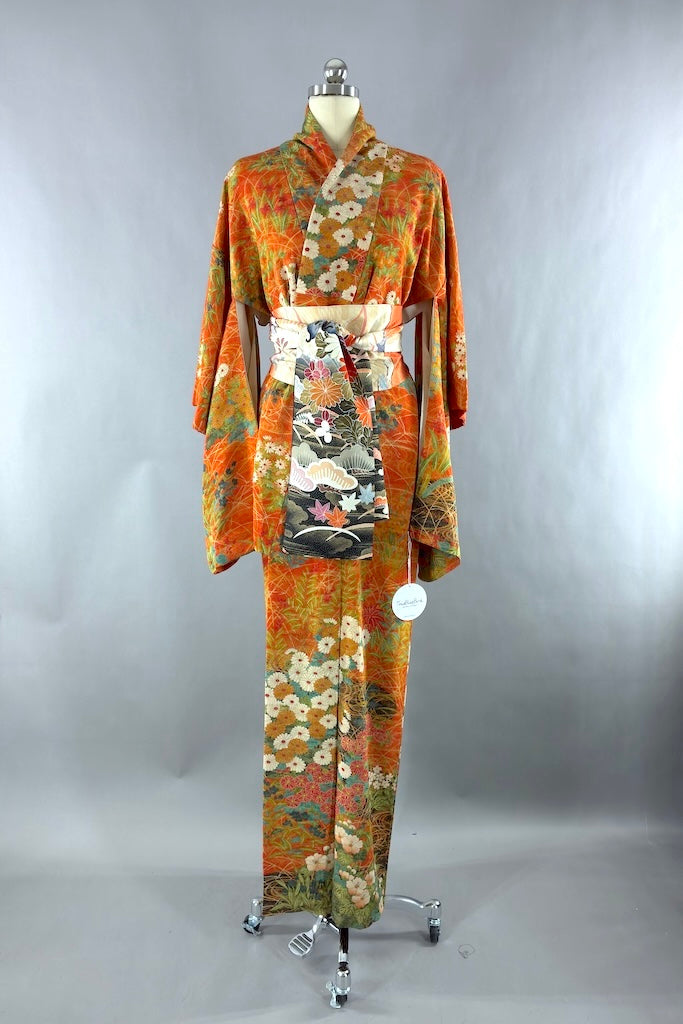 Vintage Orange and Teal Blue Floral Silk Crepe Kimono Robe-ThisBlueBird