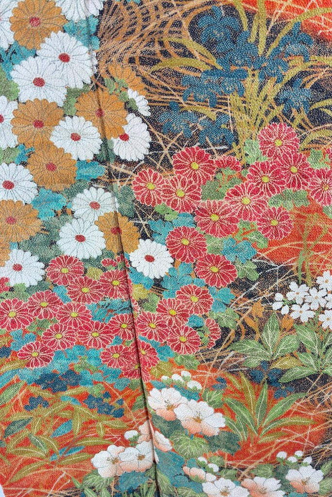 Vintage Orange and Teal Blue Floral Silk Crepe Kimono Robe-ThisBlueBird