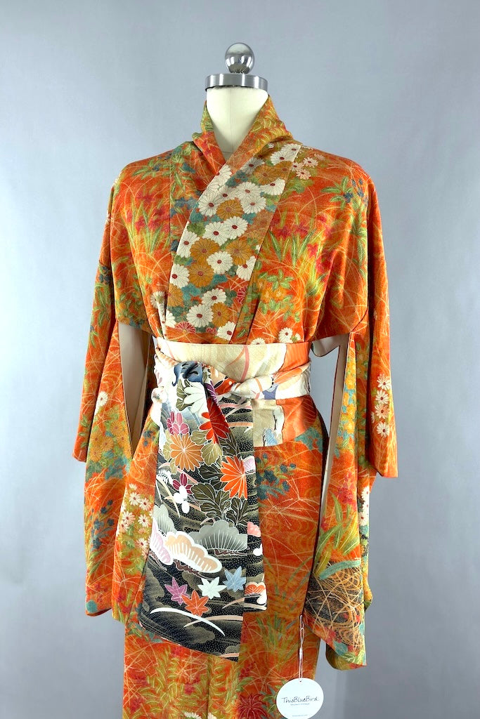 Vintage Orange and Teal Blue Floral Silk Crepe Kimono Robe-ThisBlueBird
