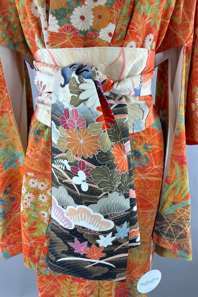 Vintage Orange and Teal Blue Floral Silk Crepe Kimono Robe-ThisBlueBird
