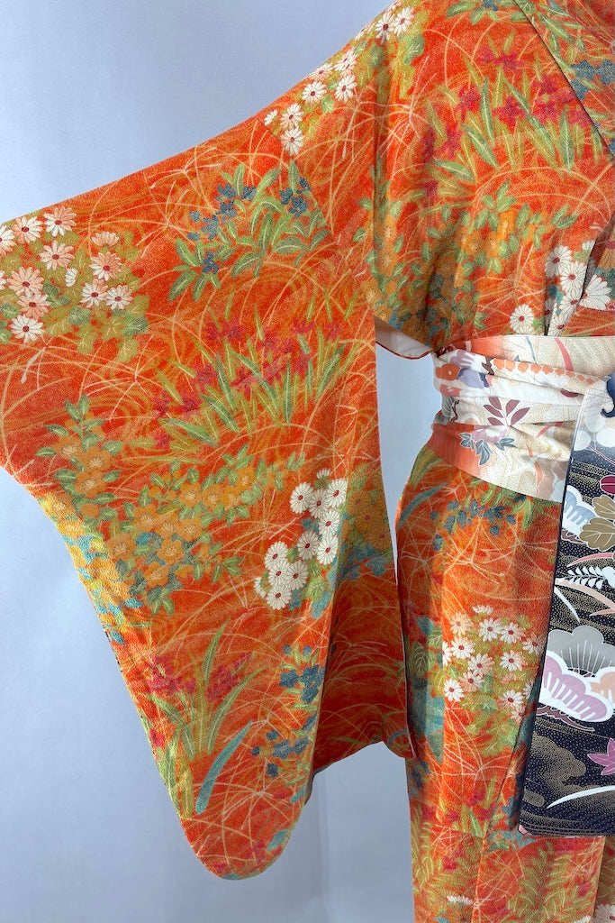 Vintage Orange and Teal Blue Floral Silk Crepe Kimono Robe-ThisBlueBird