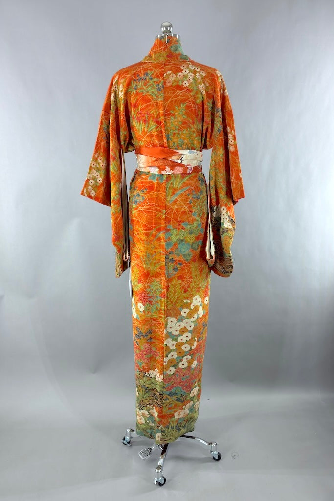 Vintage Orange and Teal Blue Floral Silk Crepe Kimono Robe-ThisBlueBird