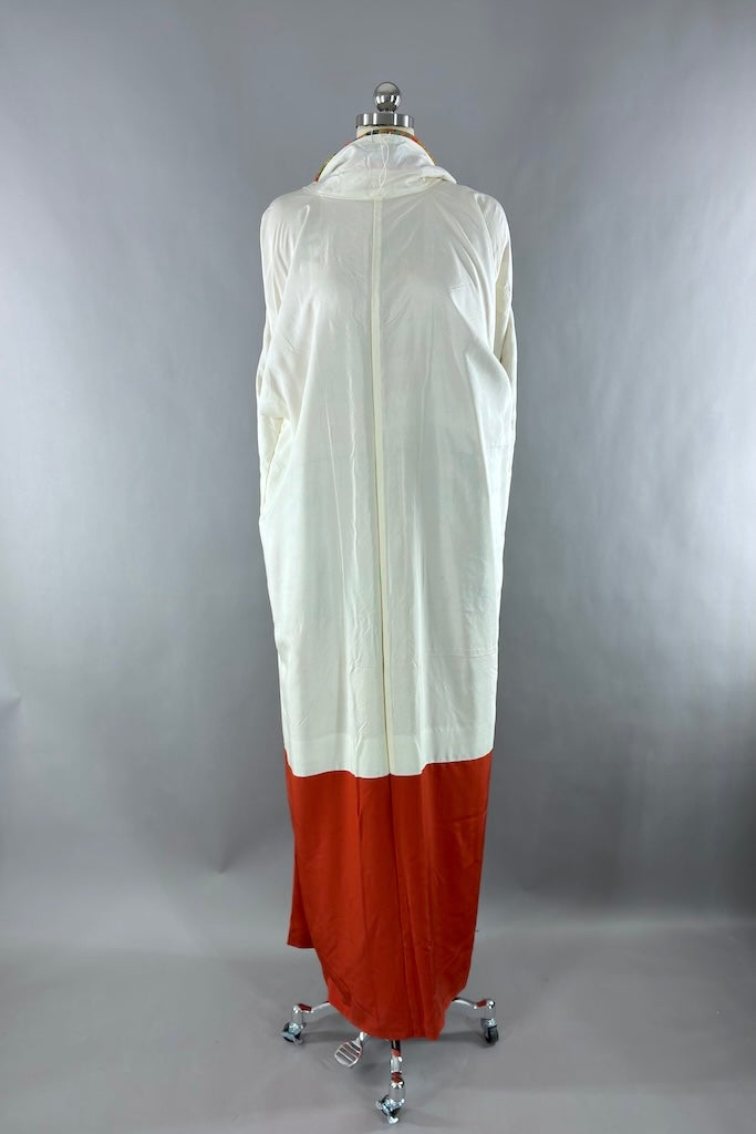 Vintage Orange and Teal Blue Floral Silk Crepe Kimono Robe-ThisBlueBird