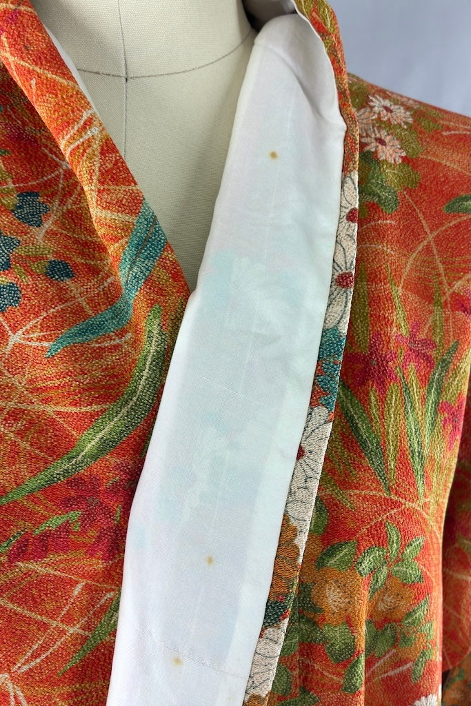 Vintage Orange and Teal Blue Floral Silk Crepe Kimono Robe-ThisBlueBird