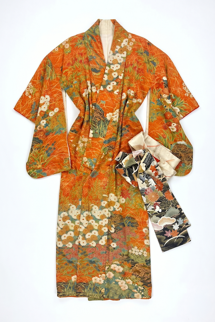 Vintage Orange and Teal Blue Floral Silk Crepe Kimono Robe-ThisBlueBird
