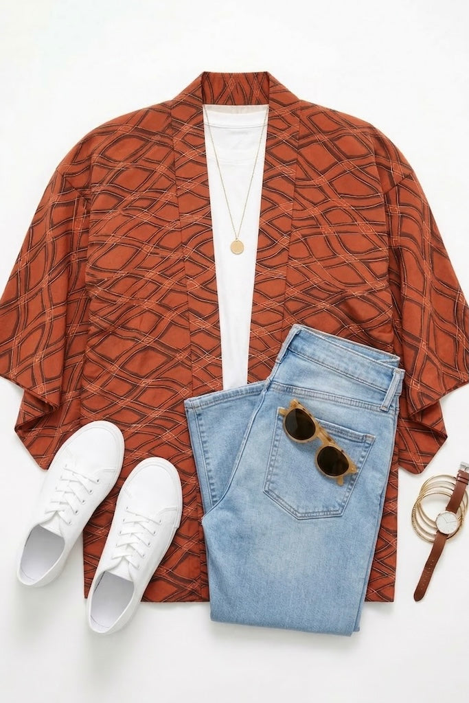 Vintage Orange Diamonds Silk Kimono Cardigan-ThisBlueBird
