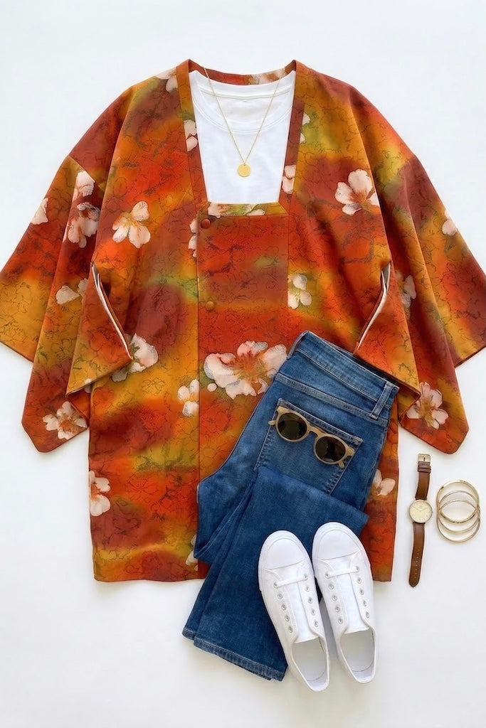 Vintage Orange Floral Silk Kimono Cardigan-ThisBlueBird