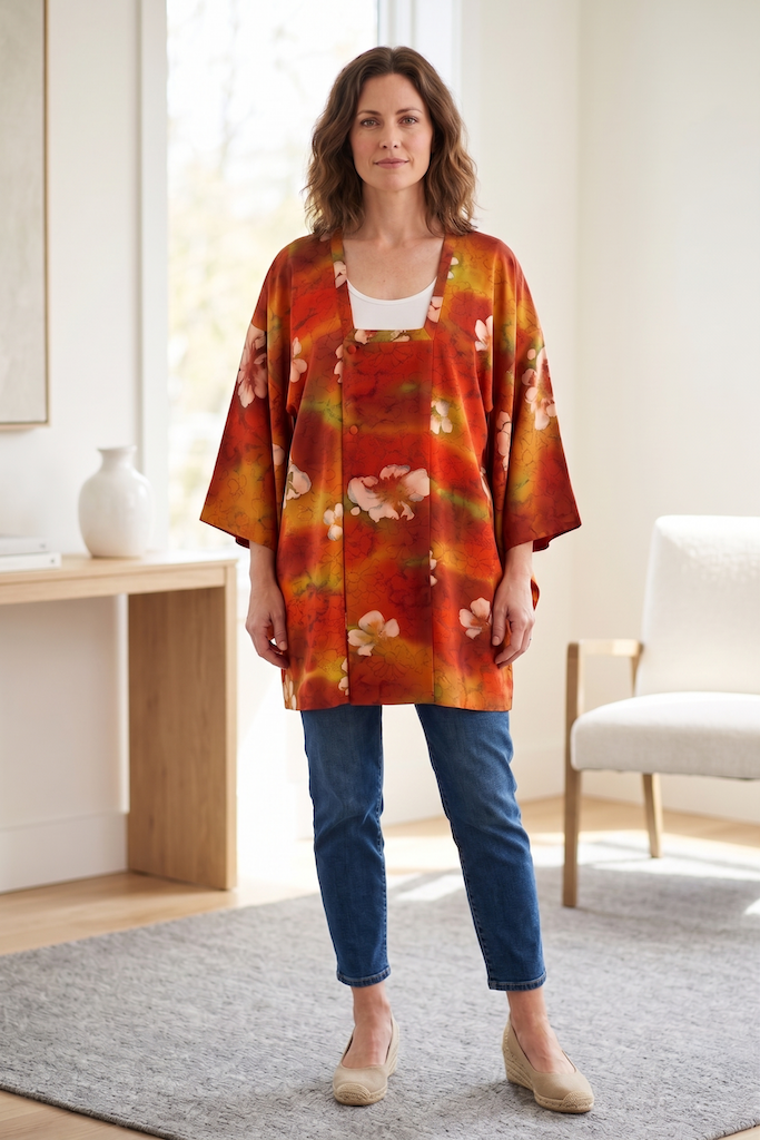 Vintage Orange Floral Silk Kimono Cardigan-ThisBlueBird
