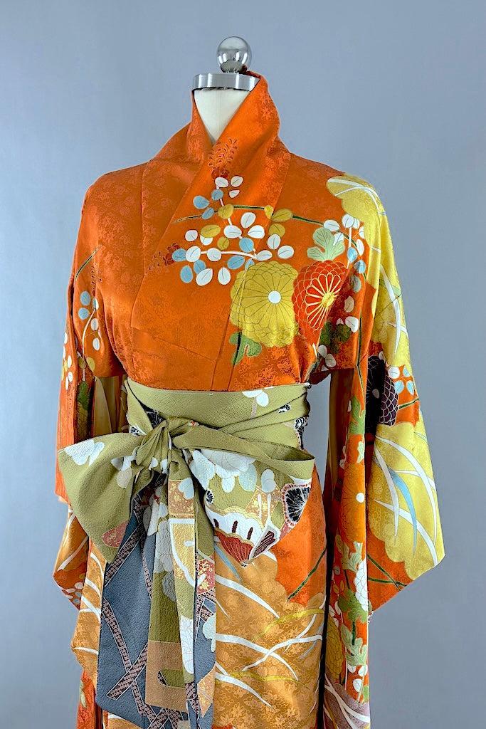 Vintage Orange & Gold Zinnia Silk Furisode Kimono-ThisBlueBird