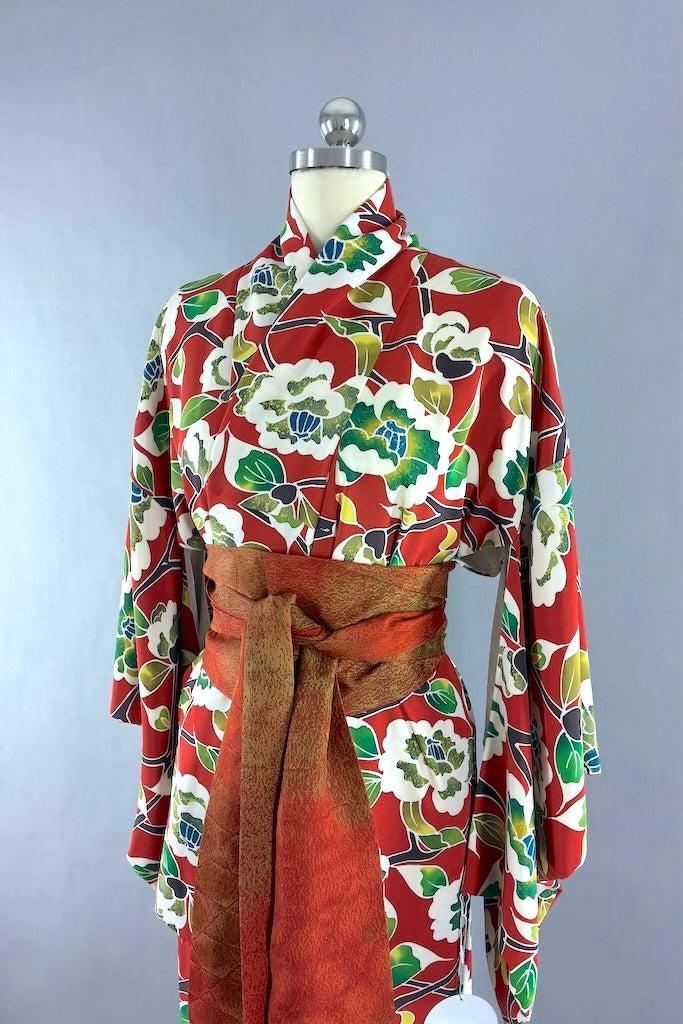 Vintage Orange & Green Floral Silk Kimono-ThisBlueBird