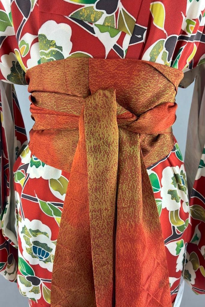 Vintage Orange &amp; Green Floral Silk Kimono-ThisBlueBird