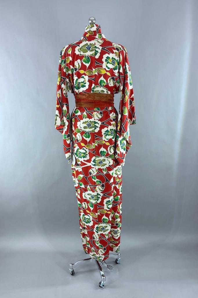 Vintage Orange &amp; Green Floral Silk Kimono-ThisBlueBird