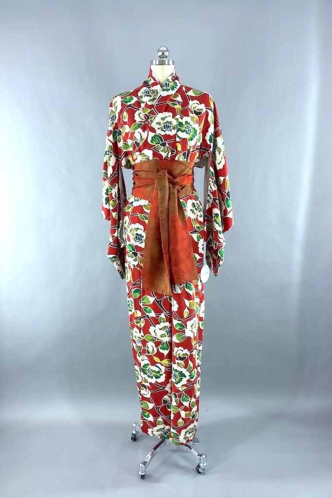Vintage Orange &amp; Green Floral Silk Kimono-ThisBlueBird