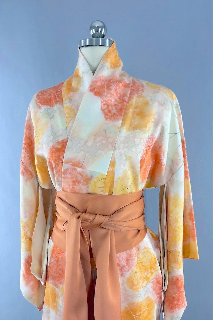 Vintage Orange Ombre Leaves Silk Kimono-ThisBlueBird