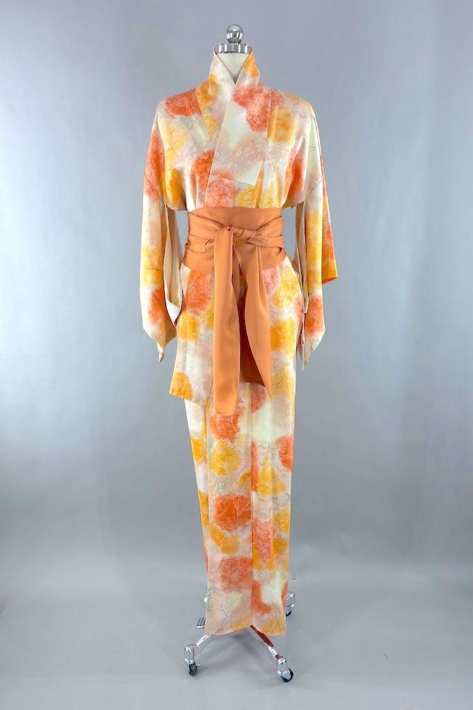 Vintage Orange Ombre Leaves Silk Kimono-ThisBlueBird