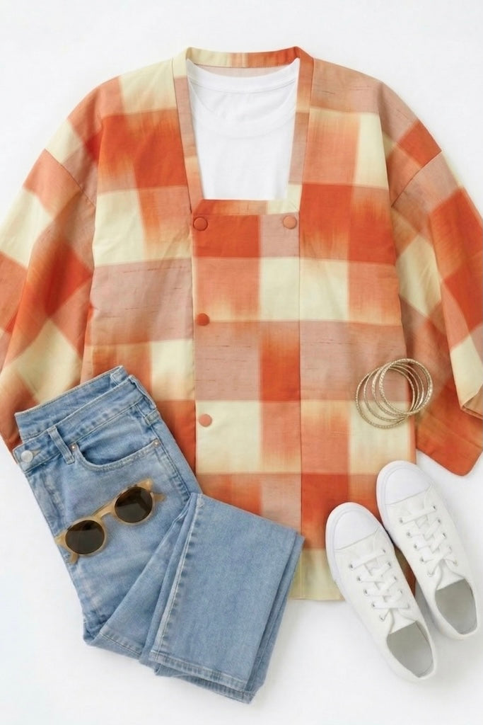 Vintage Orange Plaid Silk Kimono Cardigan-ThisBlueBird
