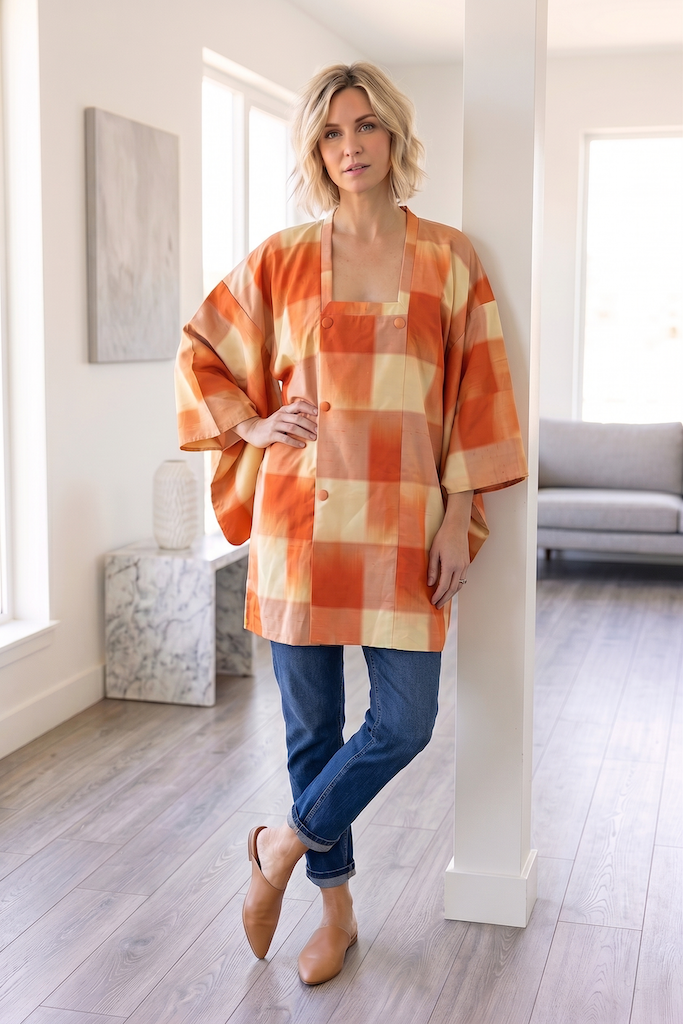 Vintage Orange Plaid Silk Kimono Cardigan-ThisBlueBird